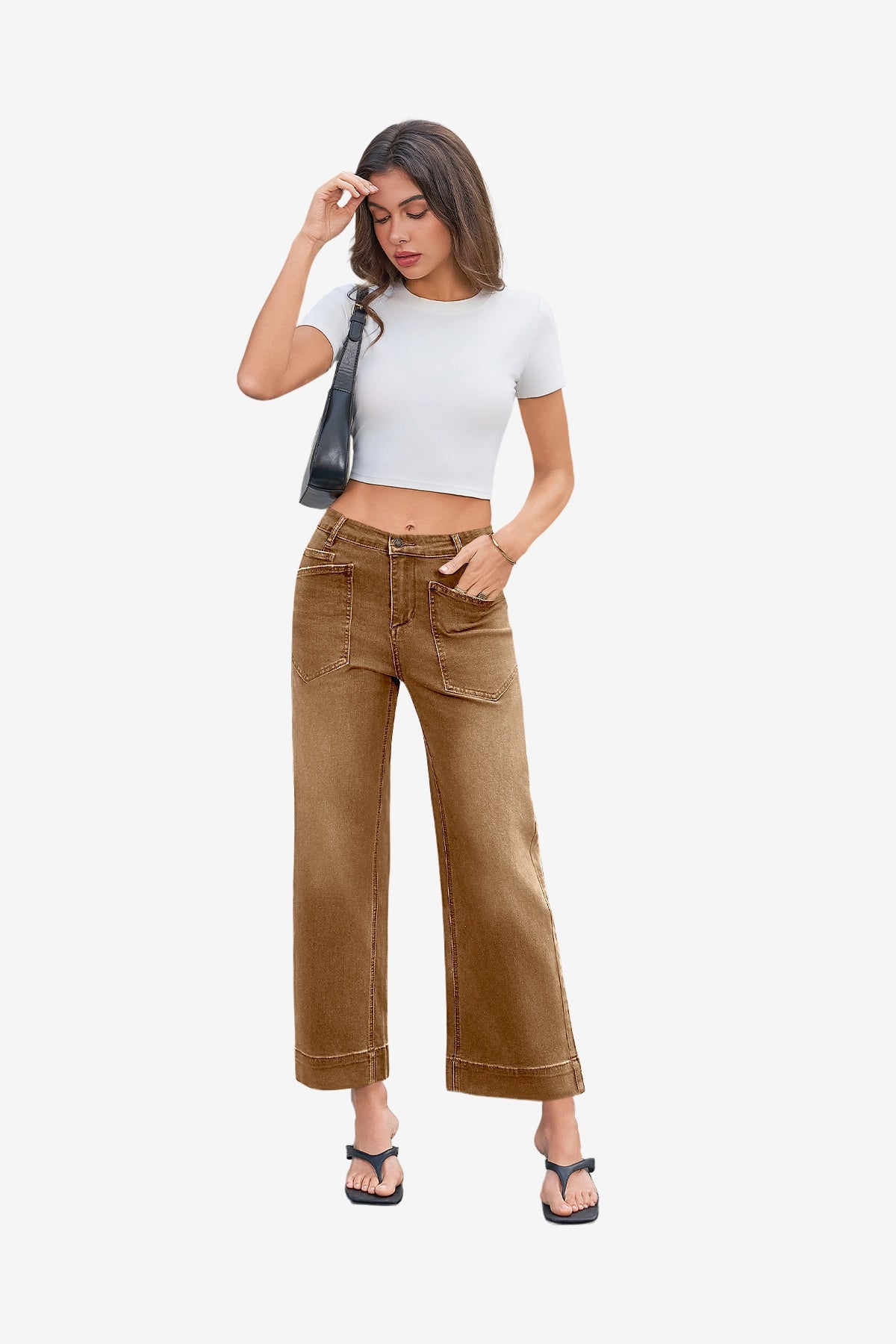 Womens Khaki Cropped High Waisted Baggy Jeans | CicyBell