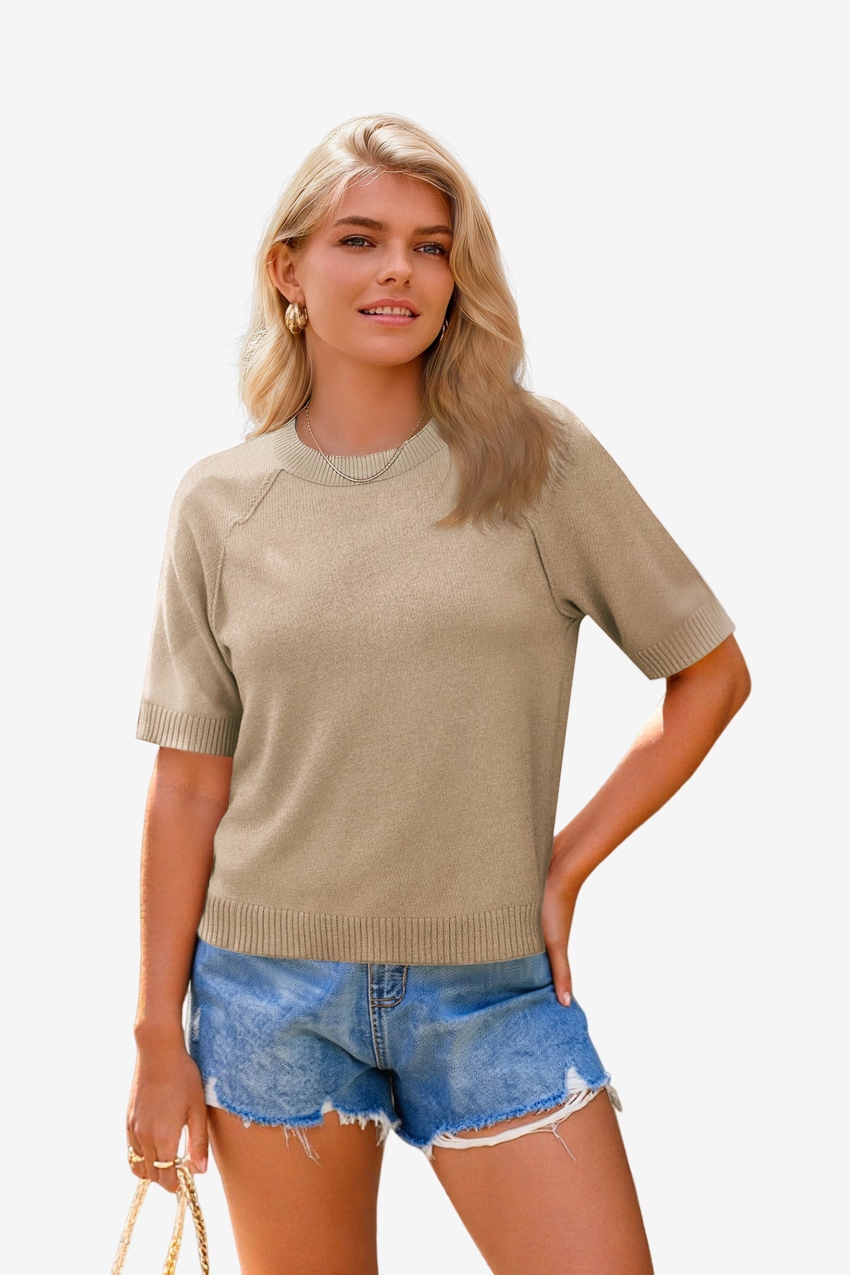Wrinkle-Free Khaki Half Sleeve Sweater Raglan Knit | CicyBell
