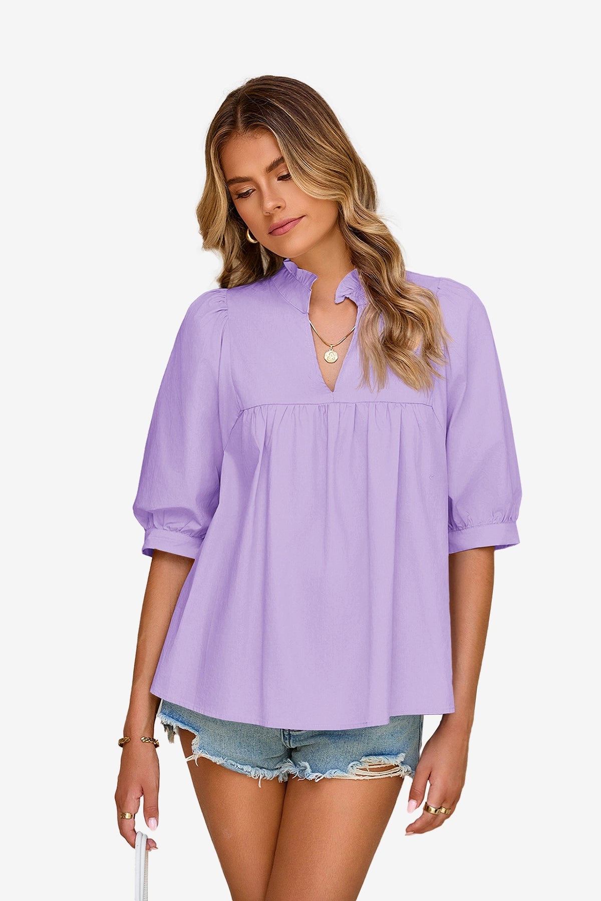 Womens Light Purple Puff Sleeve V Neck Blouse | CicyBell