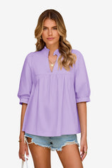 Womens Light Purple Puff Sleeve V Neck Blouse | CicyBell