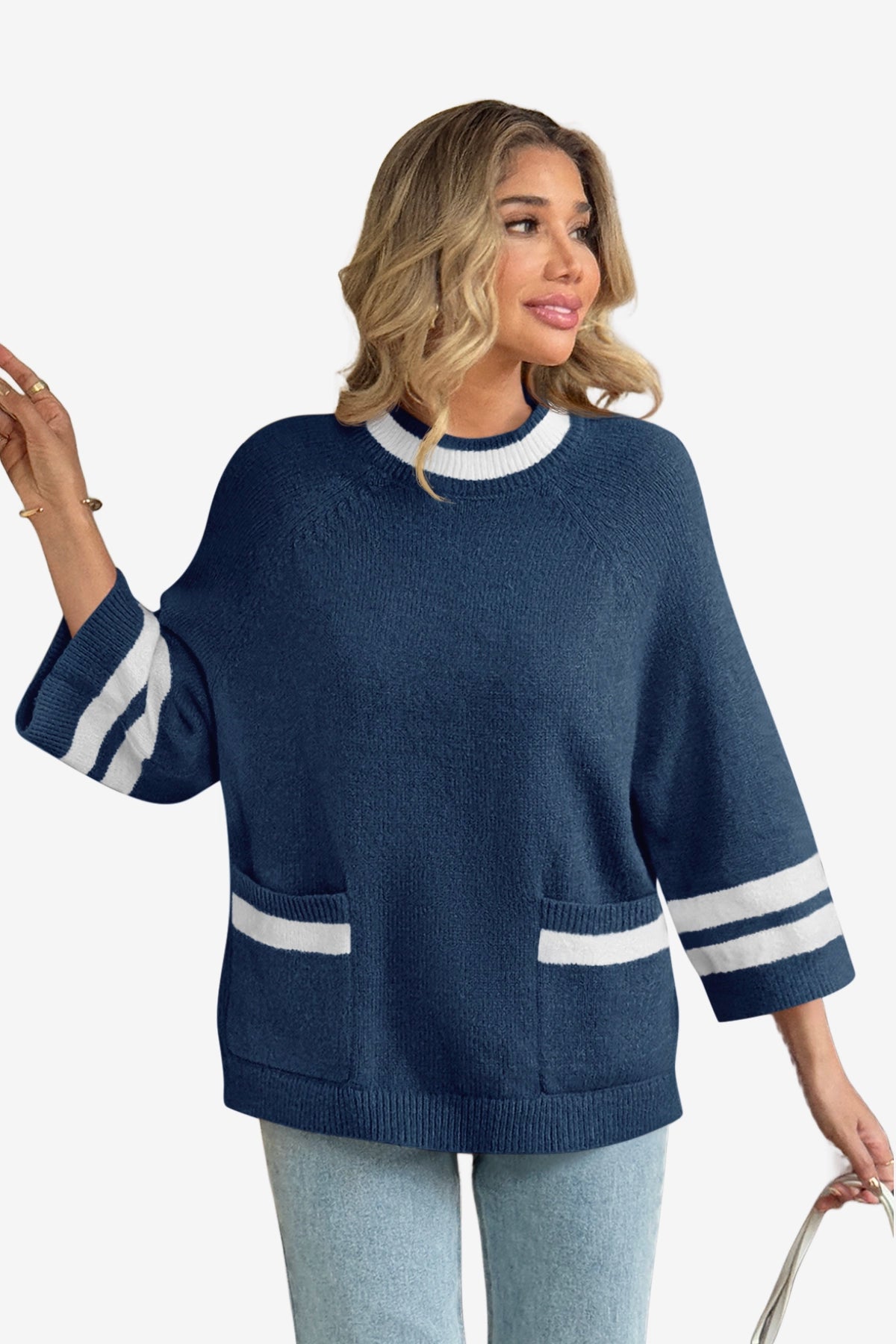 Wrinkle-Free Navy Mock Neck Oversized Sweater | CicyBell