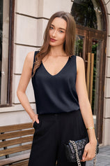 Womens Navy V Neck Satin Tank Tops  | CicyBell