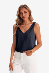 Womens Navy V Neck Satin Tank Tops  | CicyBell