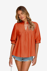 Womens Orange Red Puff Sleeve V Neck Blouse | CicyBell