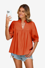 Womens Orange Red Puff Sleeve V Neck Blouse | CicyBell