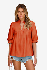 Womens Orange Red Puff Sleeve V Neck Blouse | CicyBell