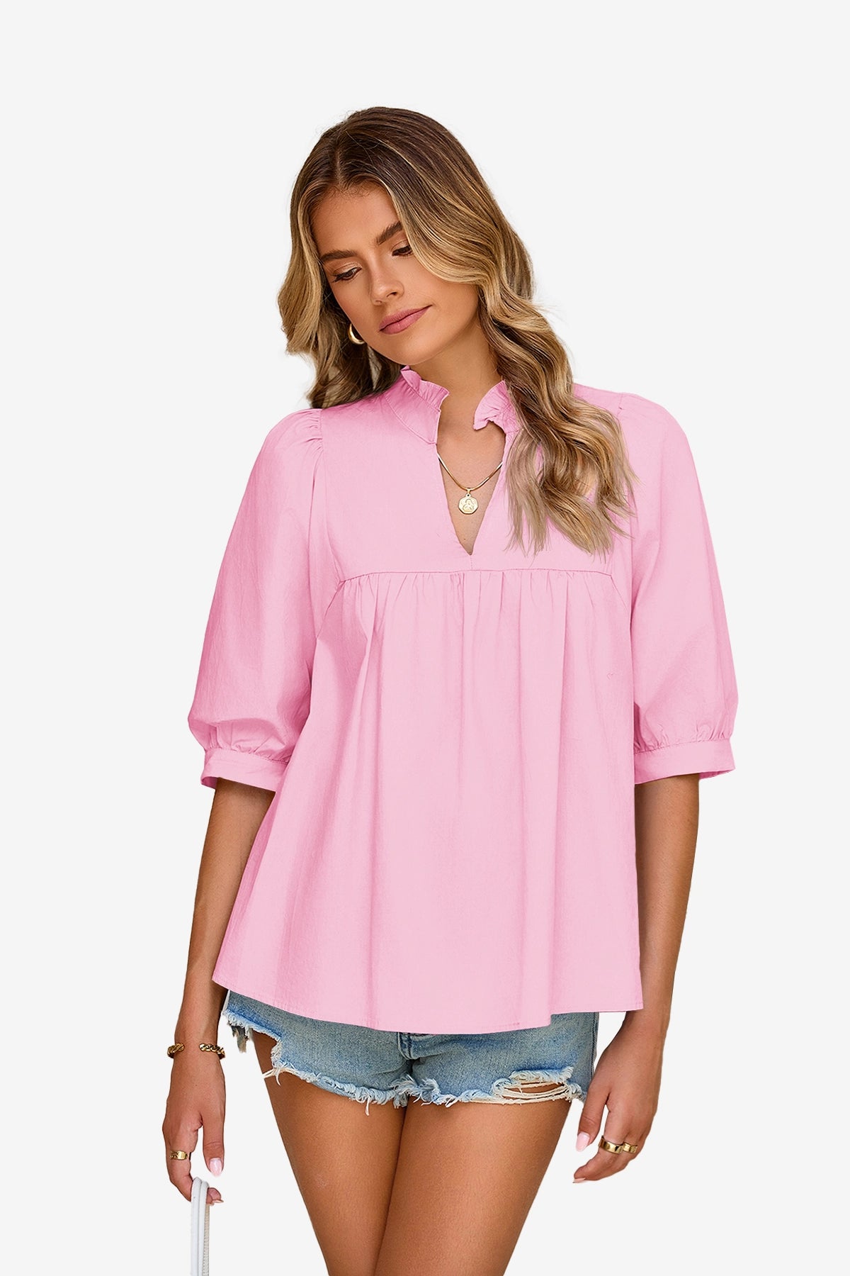 Womens Pink Puff Sleeve V Neck Blouse | CicyBell