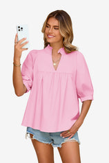Womens Pink Puff Sleeve V Neck Blouse | CicyBell