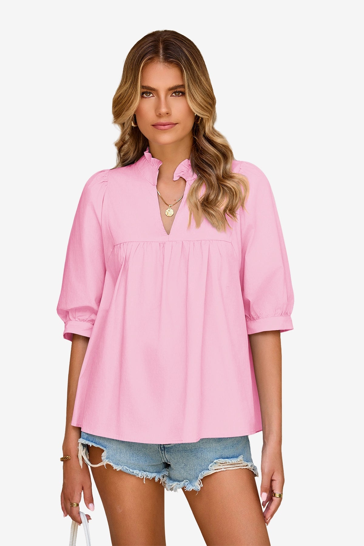 Womens Pink Puff Sleeve V Neck Blouse | CicyBell