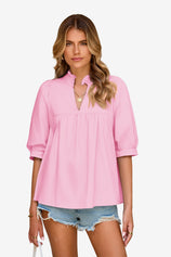 Womens Pink Puff Sleeve V Neck Blouse | CicyBell