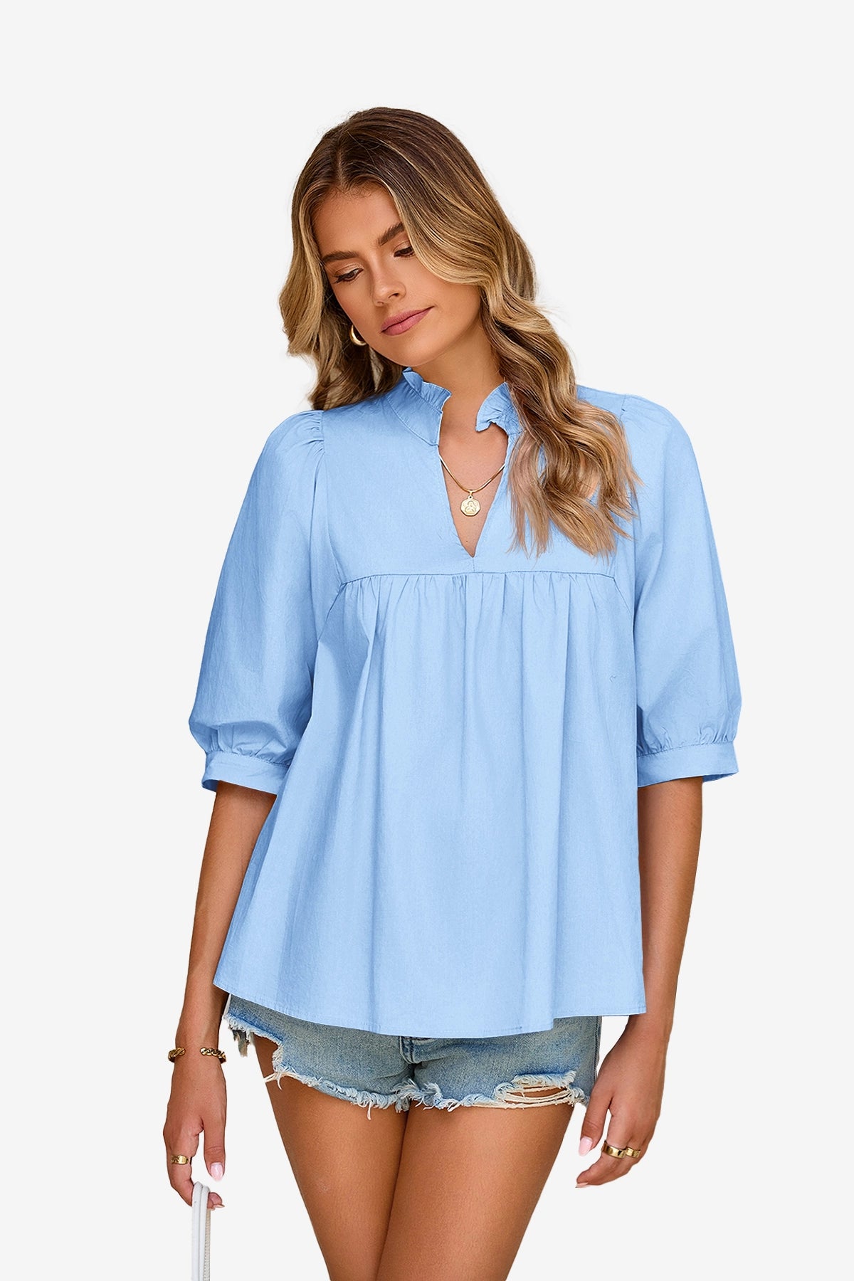 Womens Sky Blue Puff Sleeve V Neck Blouse | CicyBell