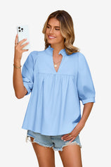 Womens Sky Blue Puff Sleeve V Neck Blouse | CicyBell