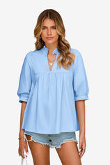 Womens Sky Blue Puff Sleeve V Neck Blouse | CicyBell
