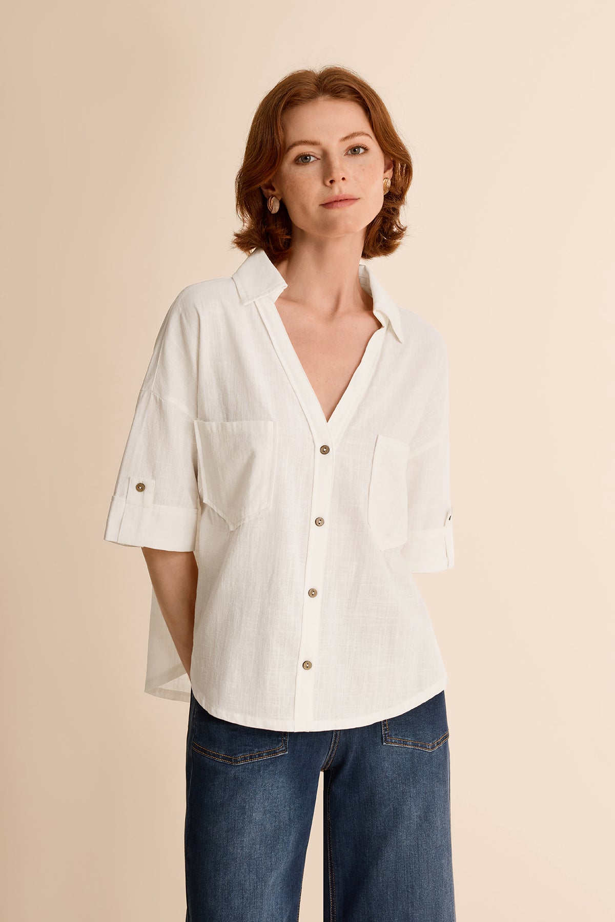 Womens White Short Sleeve Button Down Shirts | CicyBell
