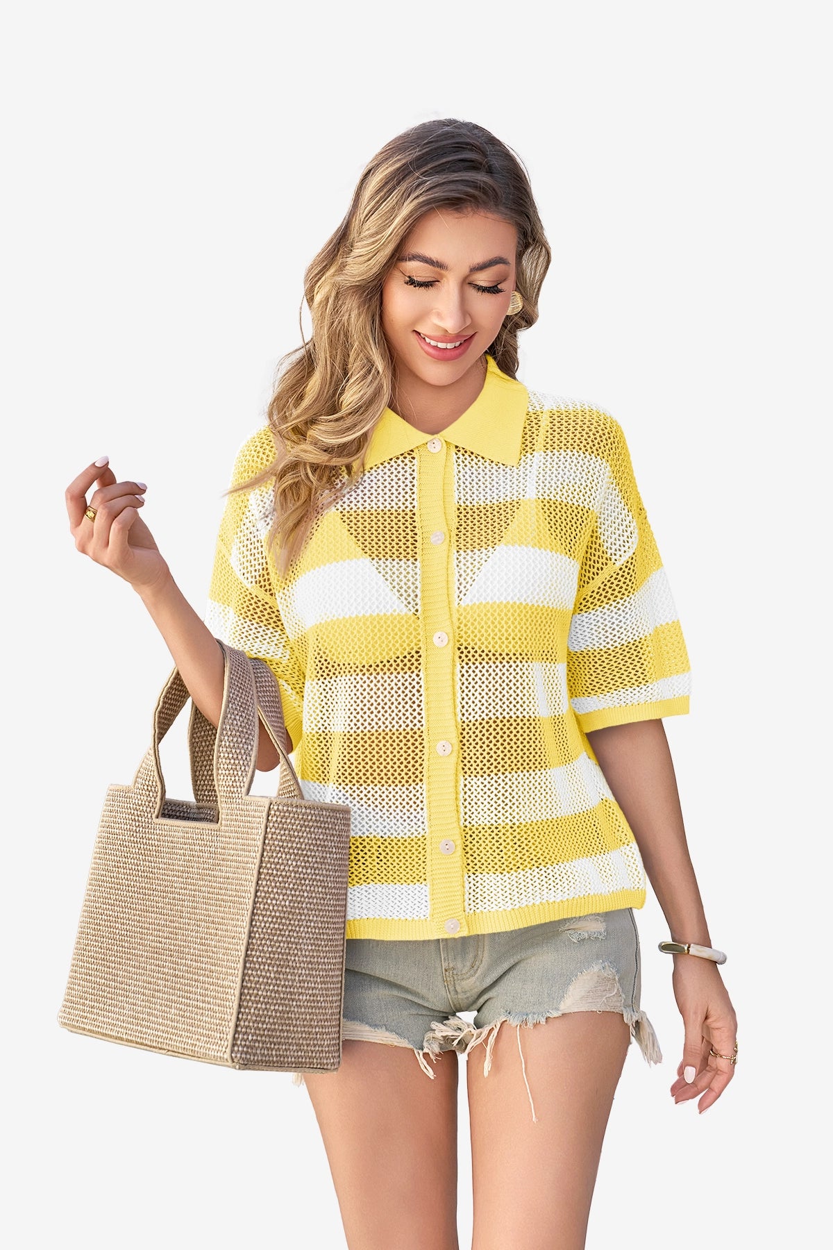 Womens Yellow Half Sleeve Button up Tops | CicyBell