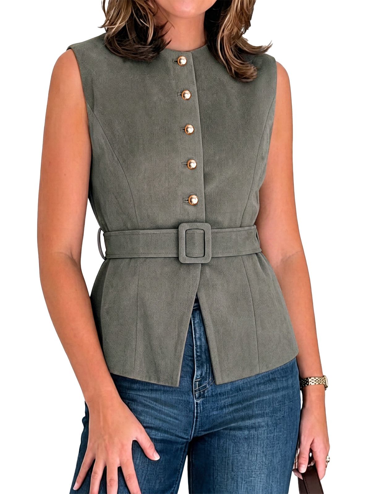 Womens Dark Grey Suede Button Down Belted Vest | CicyBell