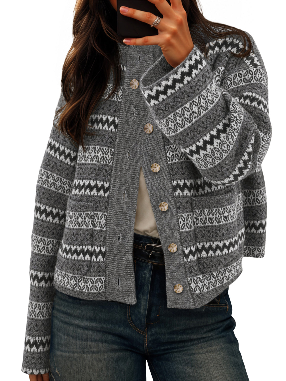 Womens Dark Grey Fair Isle Cardigan | CicyBell