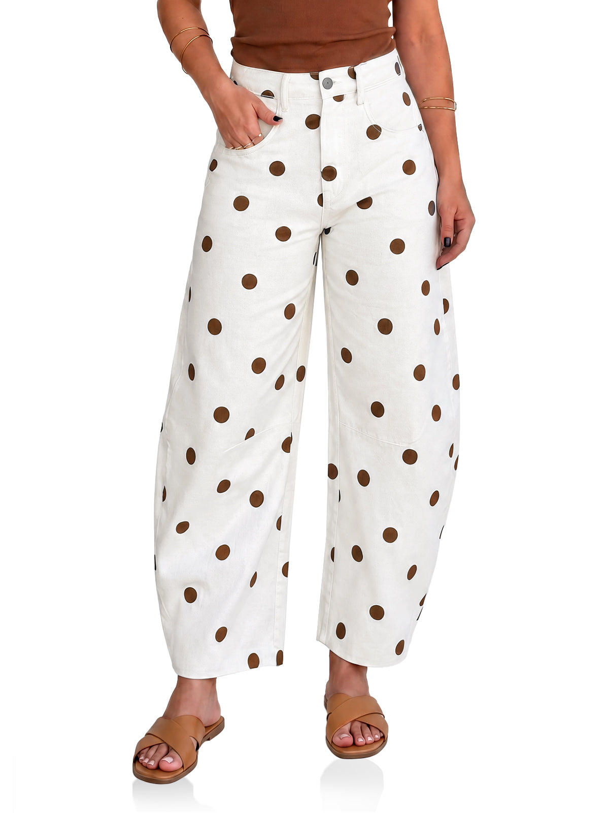 Womens Dark Khaki Polka Dot Barrel Jeans| CicyBell