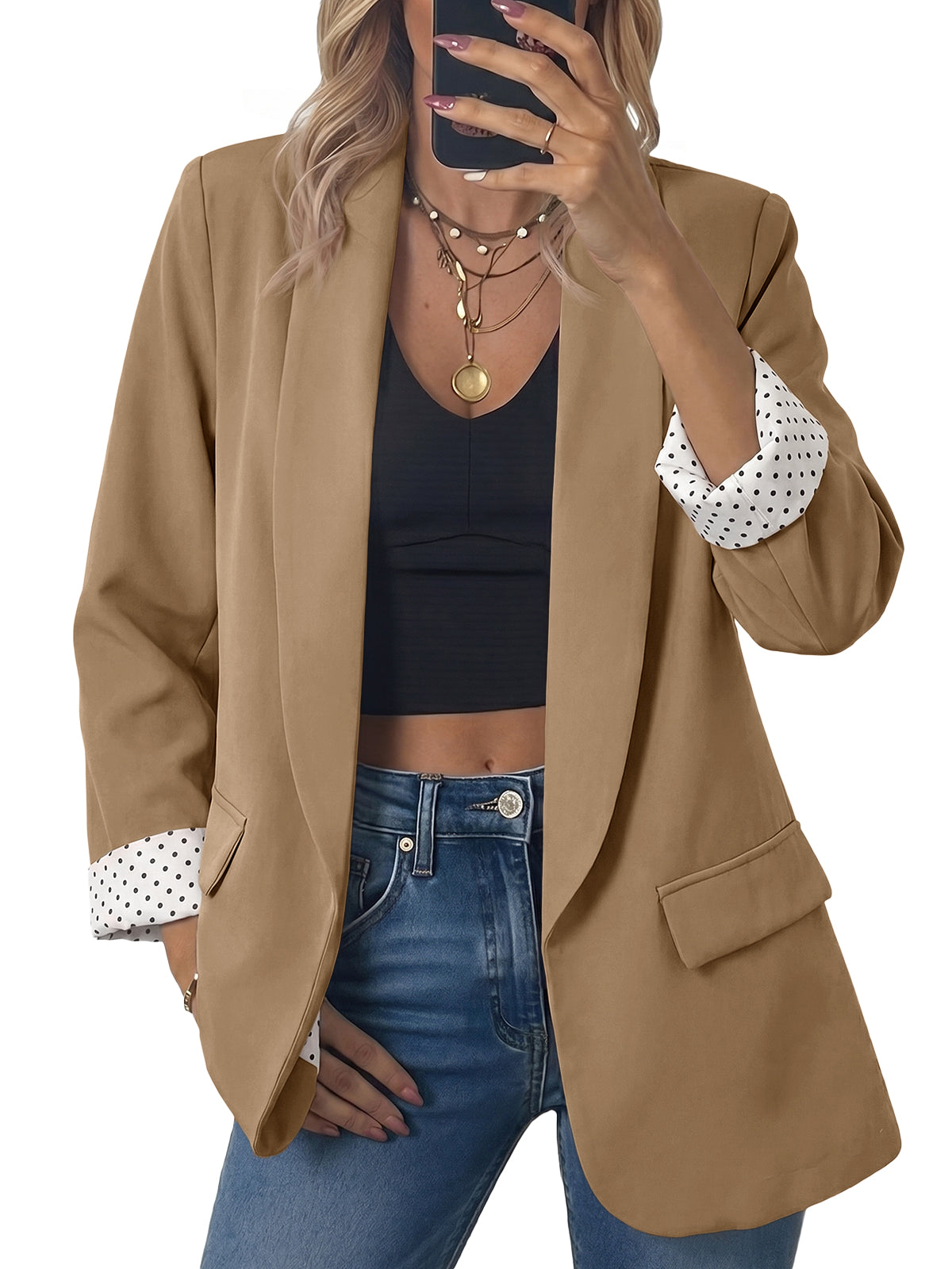 Womens Polka Dots Dark Khaki Business Casual Blazer | CicyBell