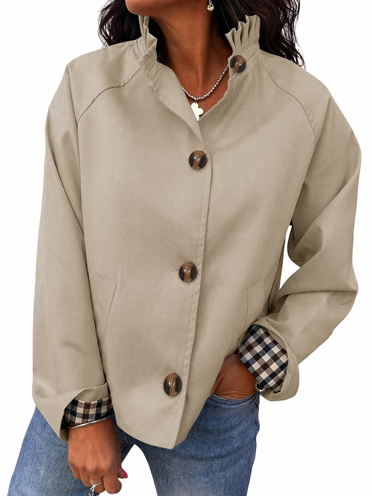 Womens Dark Khaki Ruffle Short Trench Coat | CicyBell