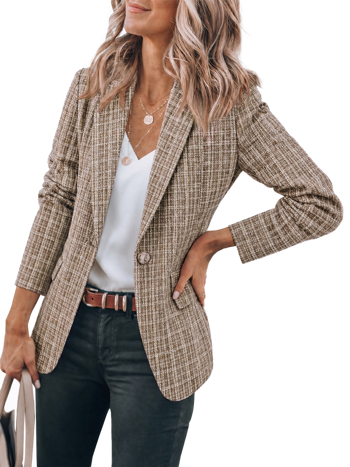 Womens Dark Khaki Plaid Tweed Blazer Jacket | CicyBell