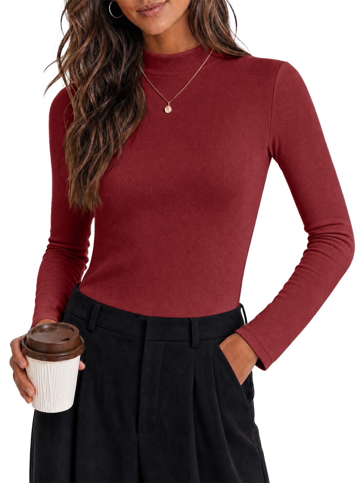 Womens Dark Red Mock Turtleneck Tops | CicyBell