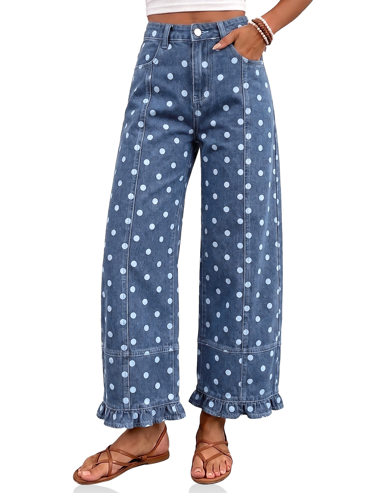 Womens Polka Dots High Waisted Wide Leg Jeans | CicyBell