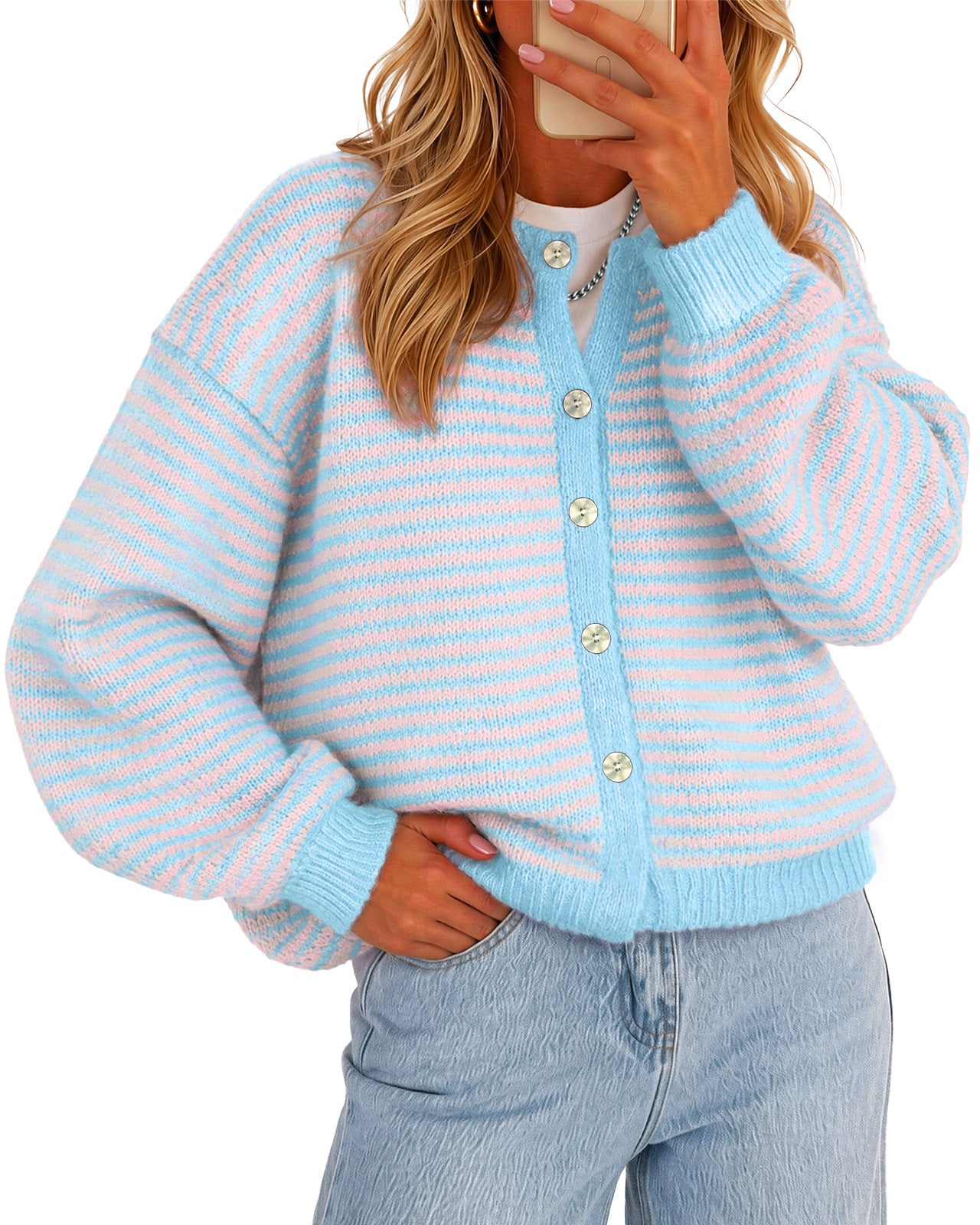 Womens Pink&blue Striped Cardigan Sweaters | CicyBell