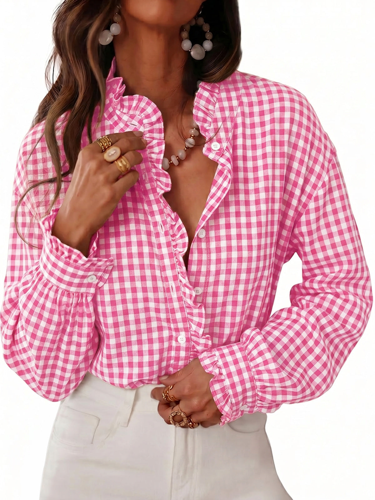 Womens Pink Plaid Ruffle V-Neck Shirts | CicyBell