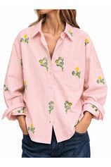 Womens Boho Floral Embroidery Sleeve Button Tops | Cicy Bell