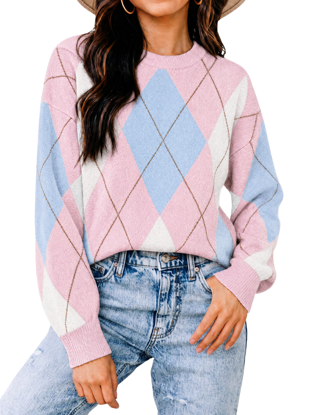 Womens Pink  Crew Neck Argyle Sweater | CicyBell