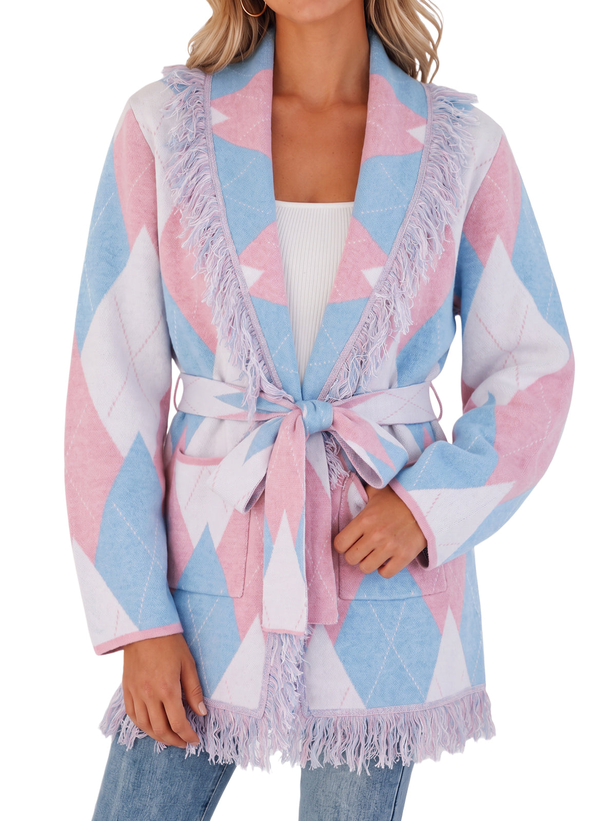 Womens Pink Fringe Argyle Cardigans Sweaters | CicyBell