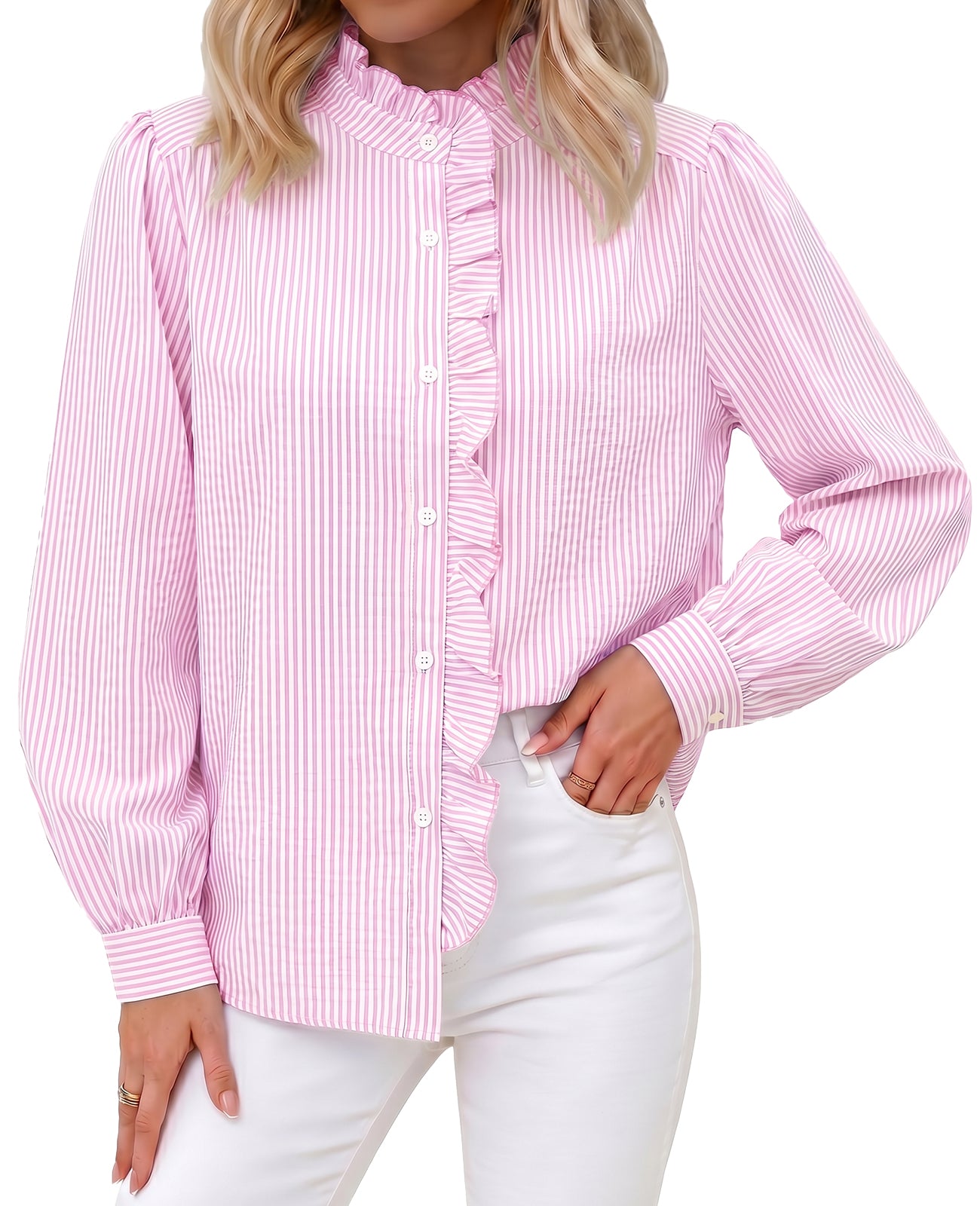 Womens Pink  Ruffle Striped Button Down Shirts | CicyBell