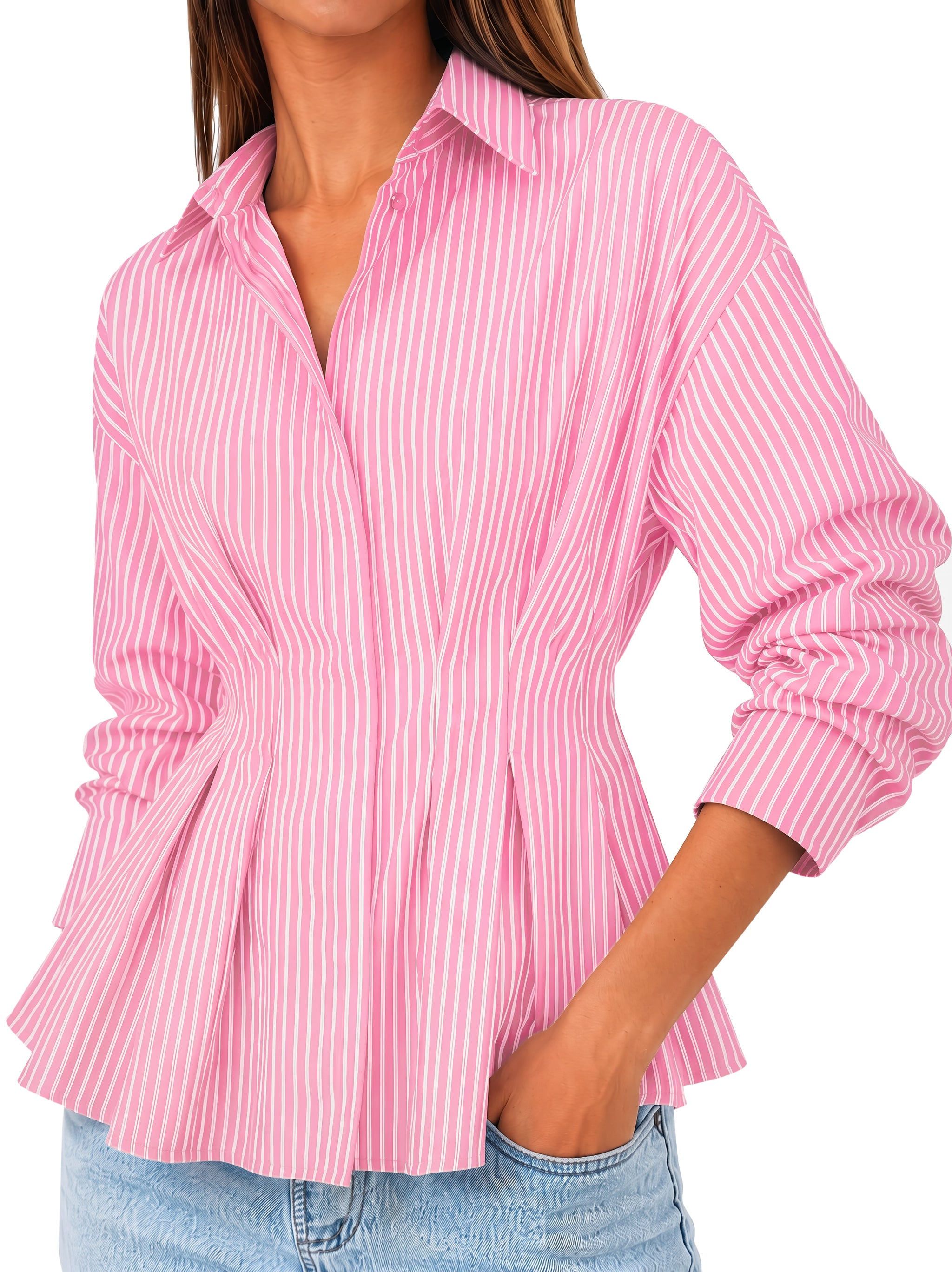 Women Pink Striped Button Down Shirts | CicyBell
