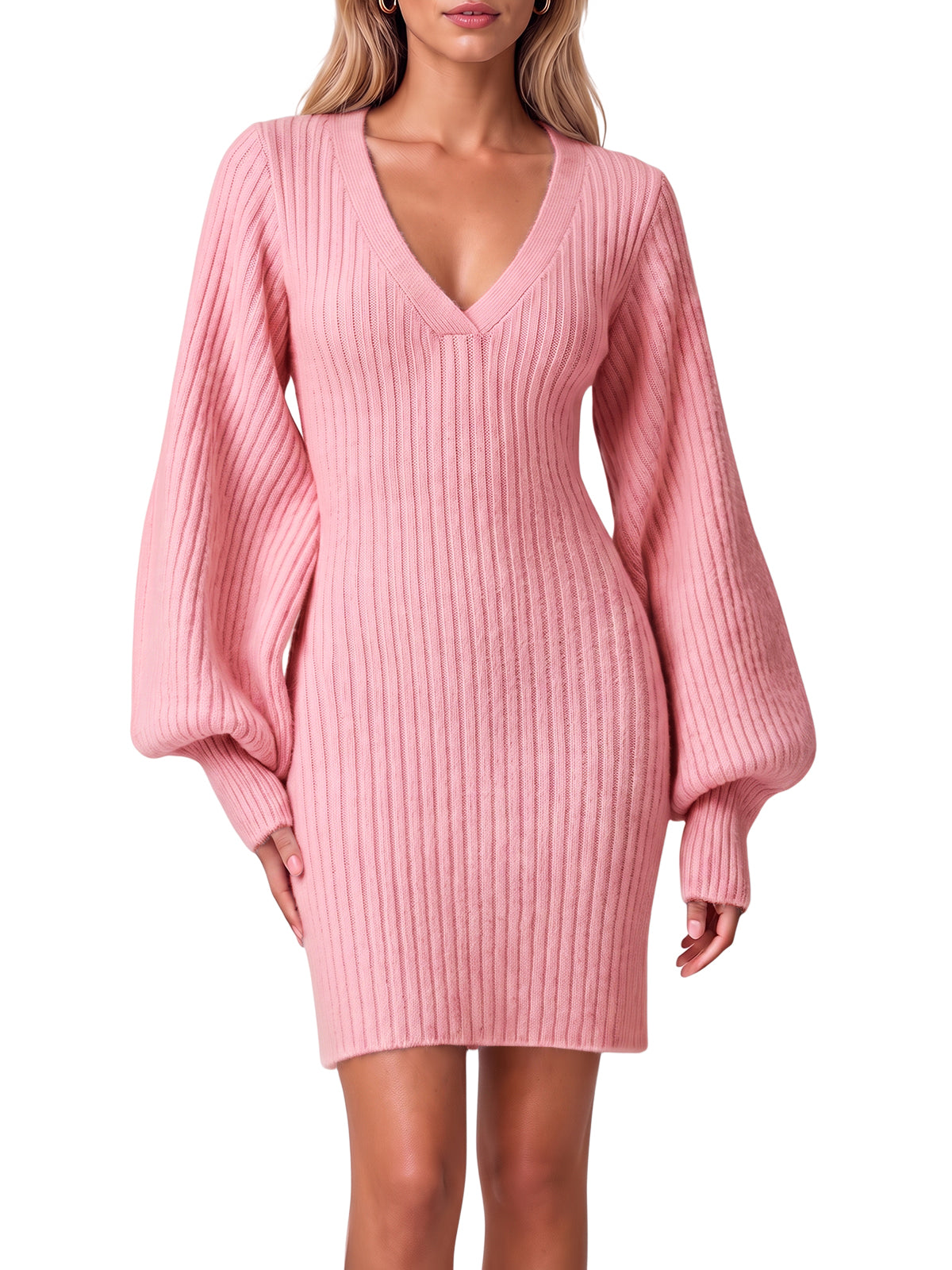 Women Puff Long Sleeve V Neck Knit Pullover Dress | Cicy Bell