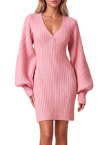 Women Puff Long Sleeve V Neck Knit Pullover Dress | Cicy Bell