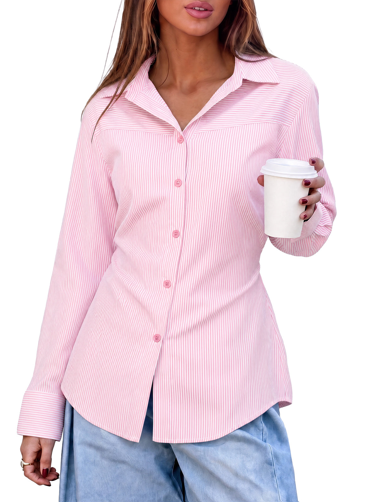 Womens Pink Striped Button Down Shirt | CicyBell