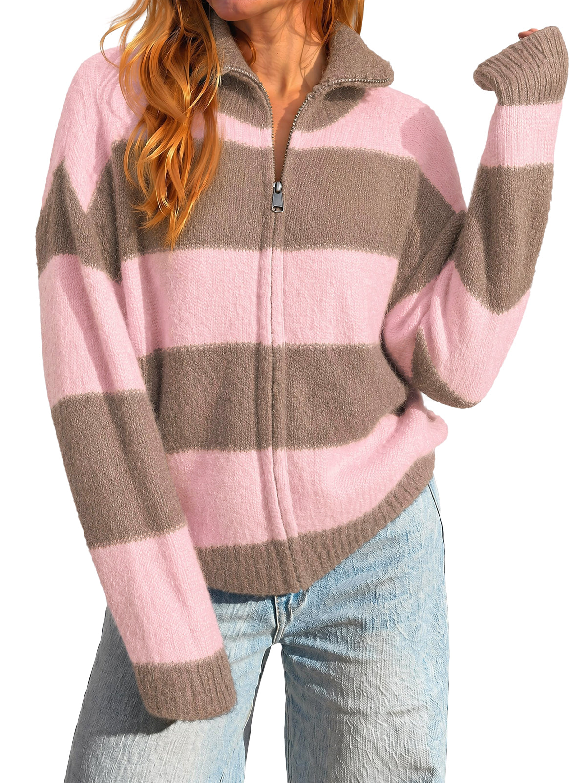 Women Pink  Striped Color Block Cardigan | CicyBell