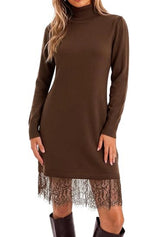 Womens Turtleneck Lace Knit Sweater Mini Dress | Cicy Bell