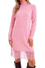 Womens Turtleneck Lace Knit Sweater Mini Dress | Cicy Bell