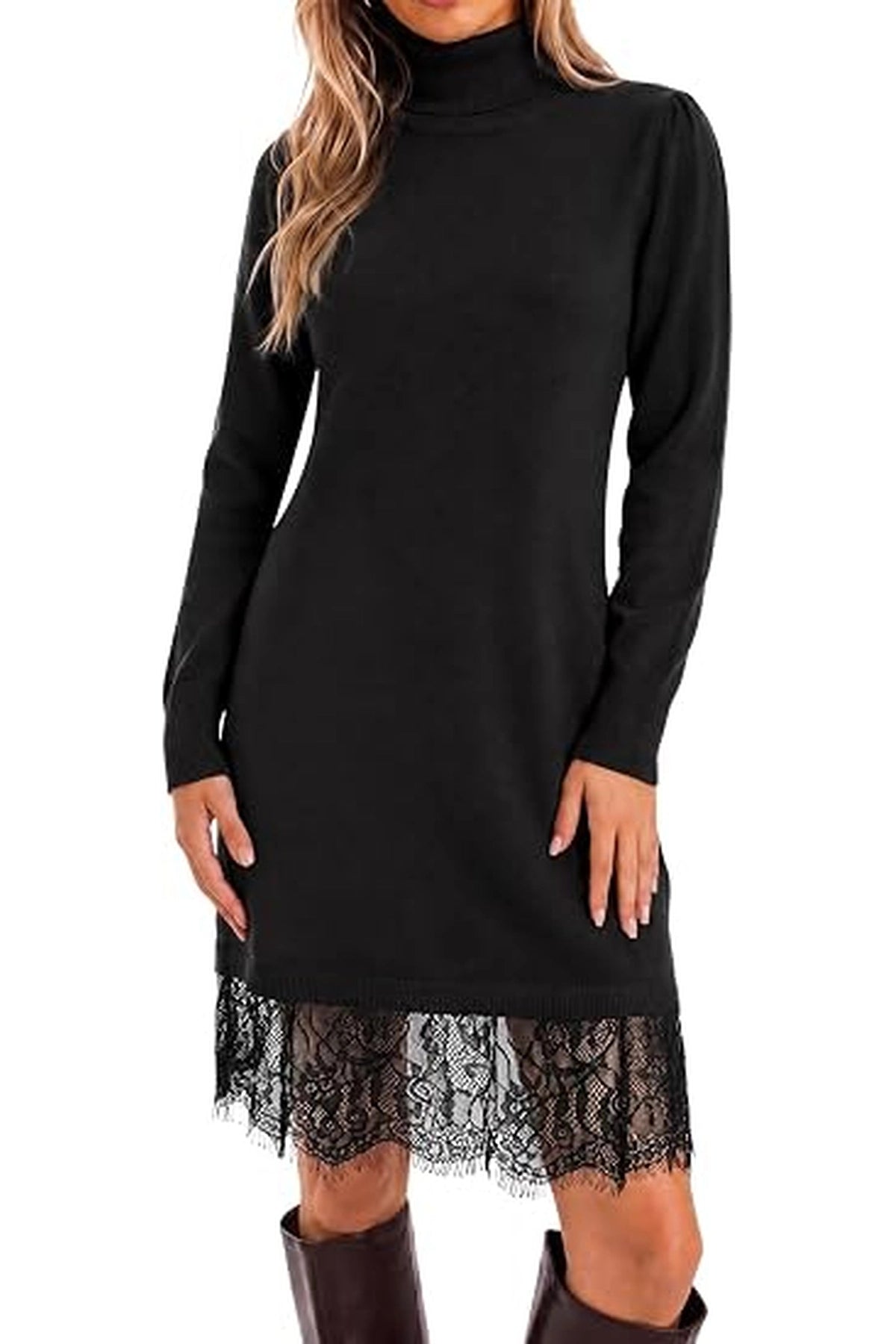 Womens Turtleneck Lace Knit Sweater Mini Dress | Cicy Bell