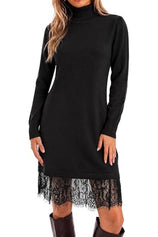 Womens Turtleneck Lace Knit Sweater Mini Dress | Cicy Bell