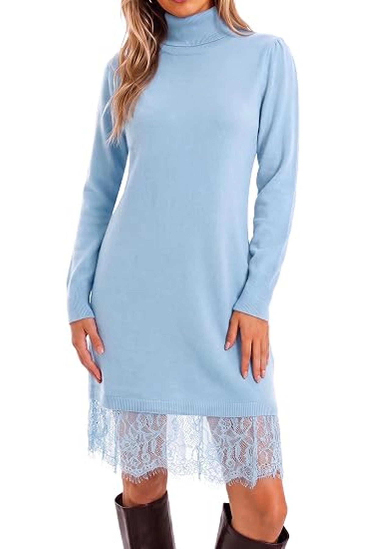Womens Turtleneck Lace Knit Sweater Mini Dress | Cicy Bell