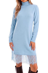 Womens Turtleneck Lace Knit Sweater Mini Dress | Cicy Bell