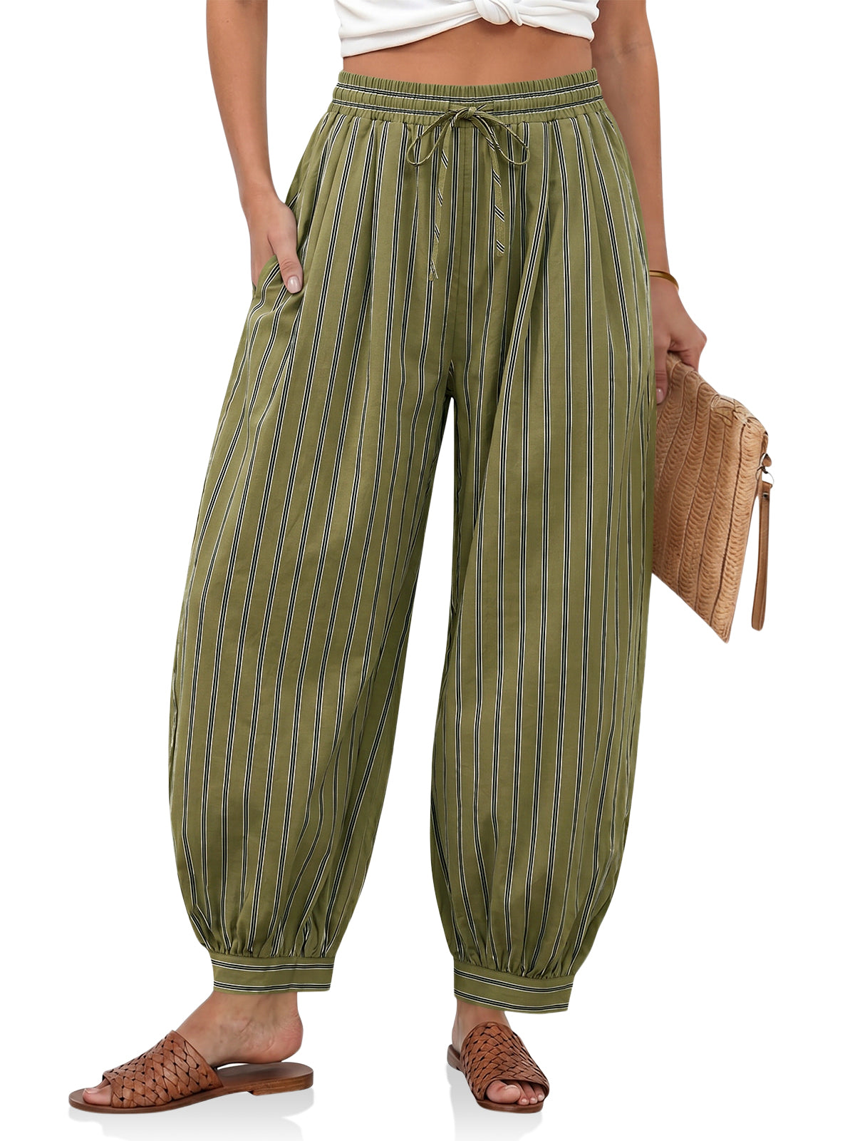 Womens Olive Green Striped Baggy Pants | CicyBell