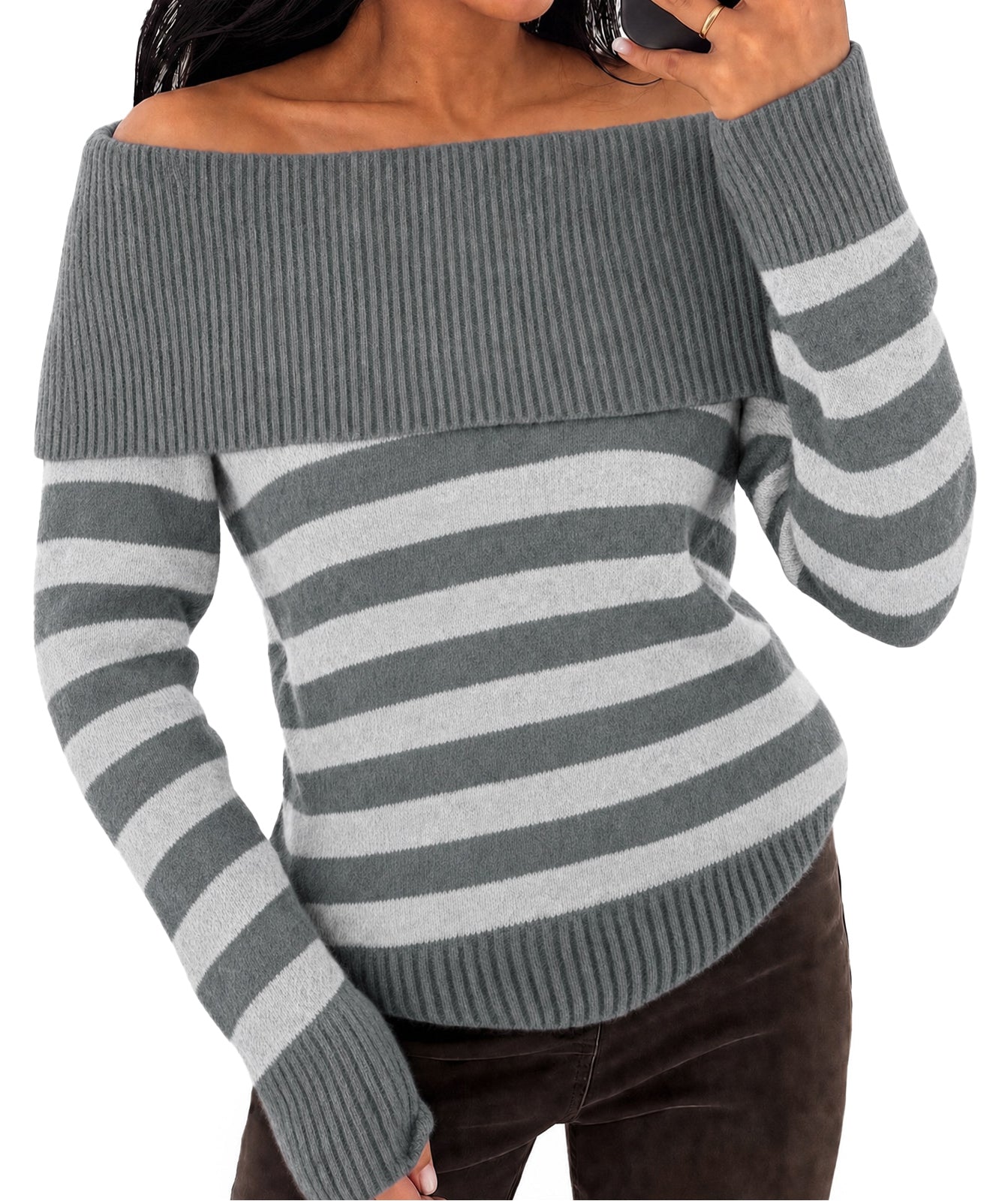 Womens Grey Off the Shoulder Argyle Sweater | CicyBell