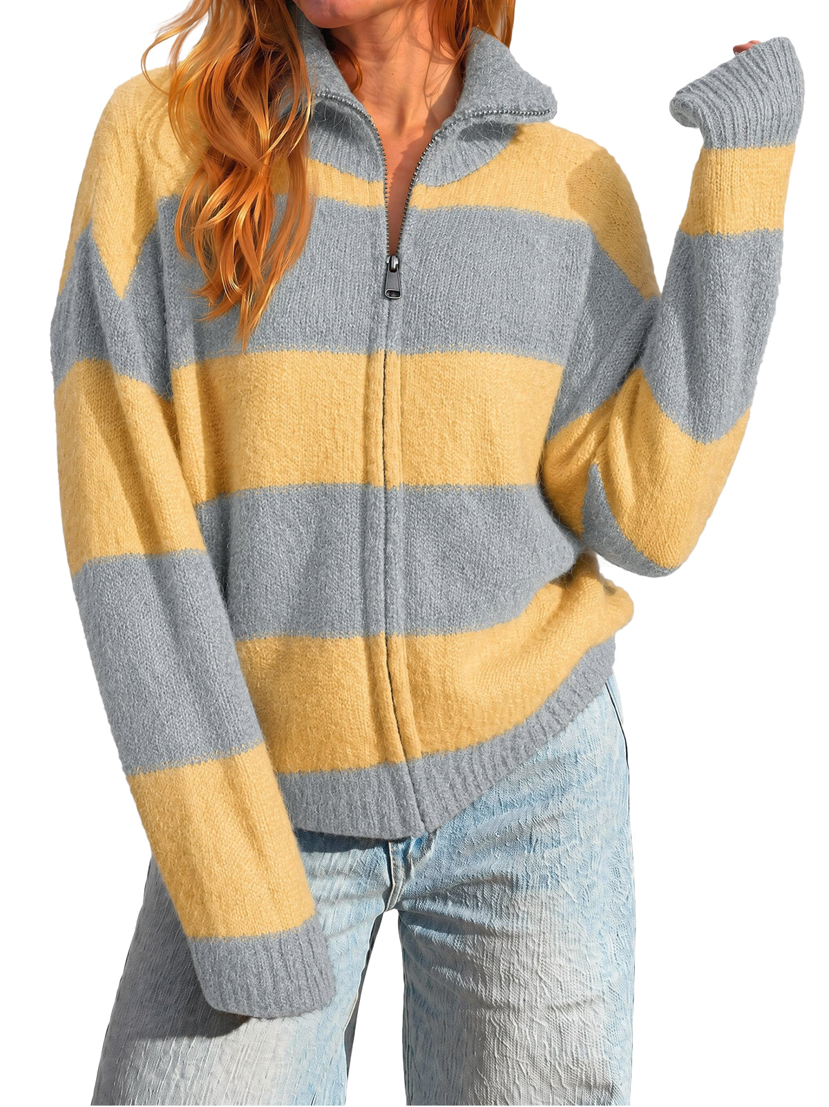 Women Grey Striped Color Block Cardigan | CicyBell