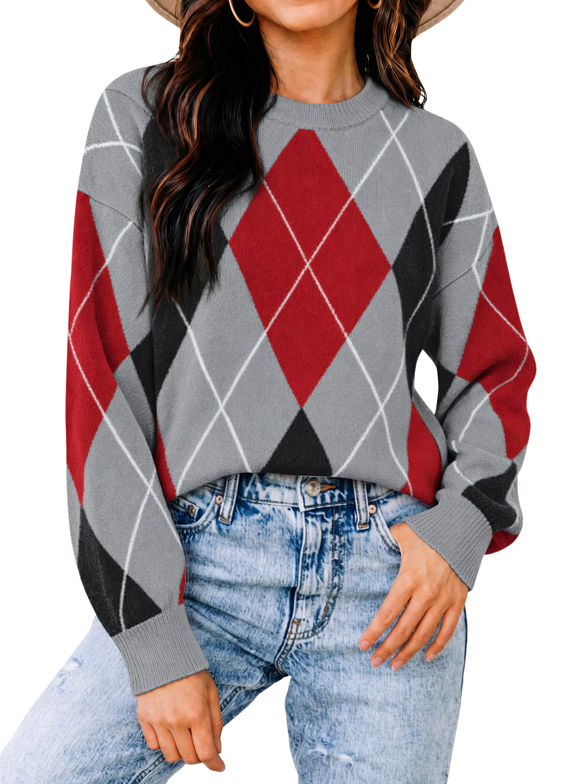 Womens Grey Crew Neck Argyle Sweater | CicyBell