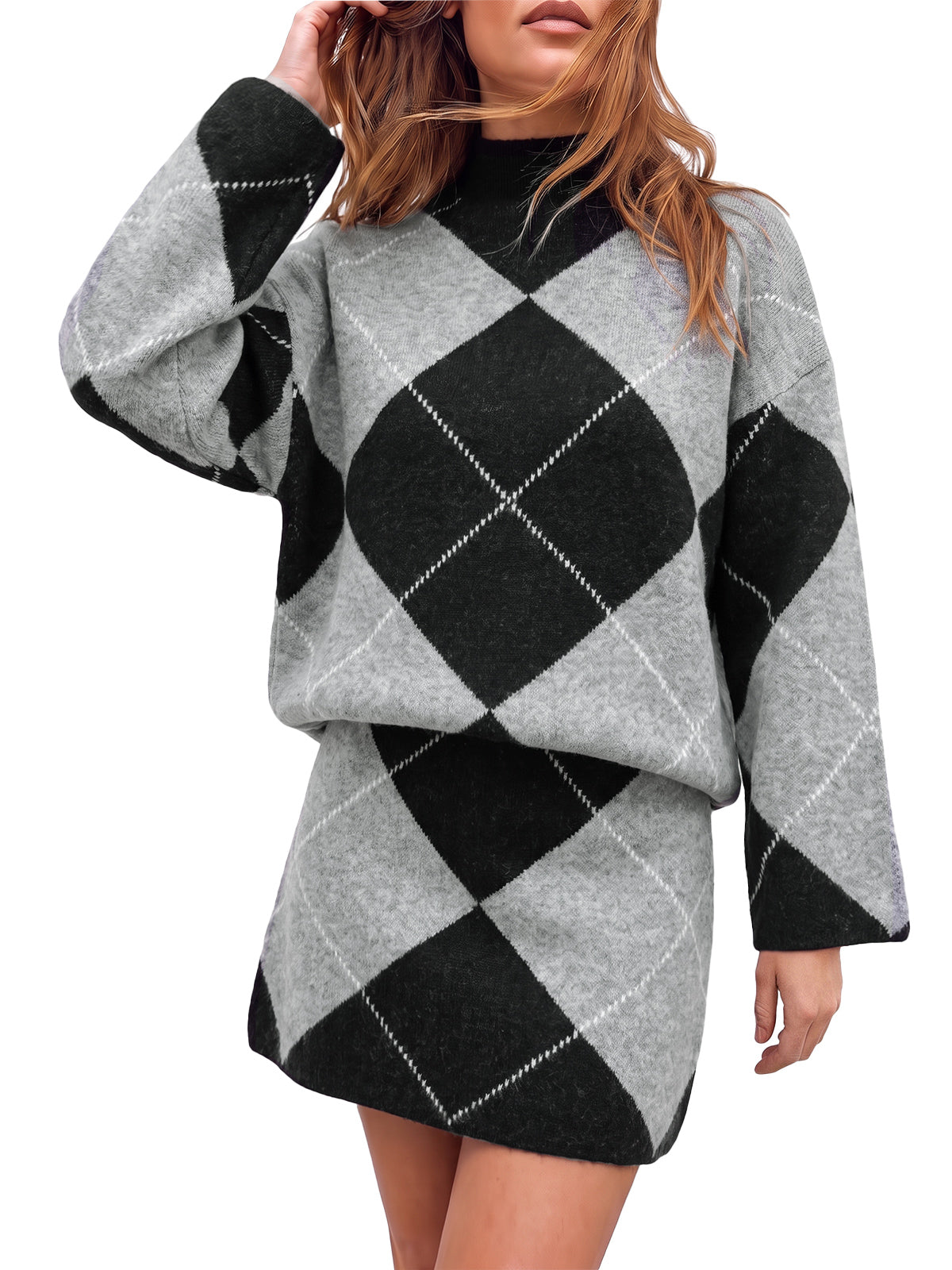 Womens Grey Argyle Sweater Mini Skirt Sets| CicyBell