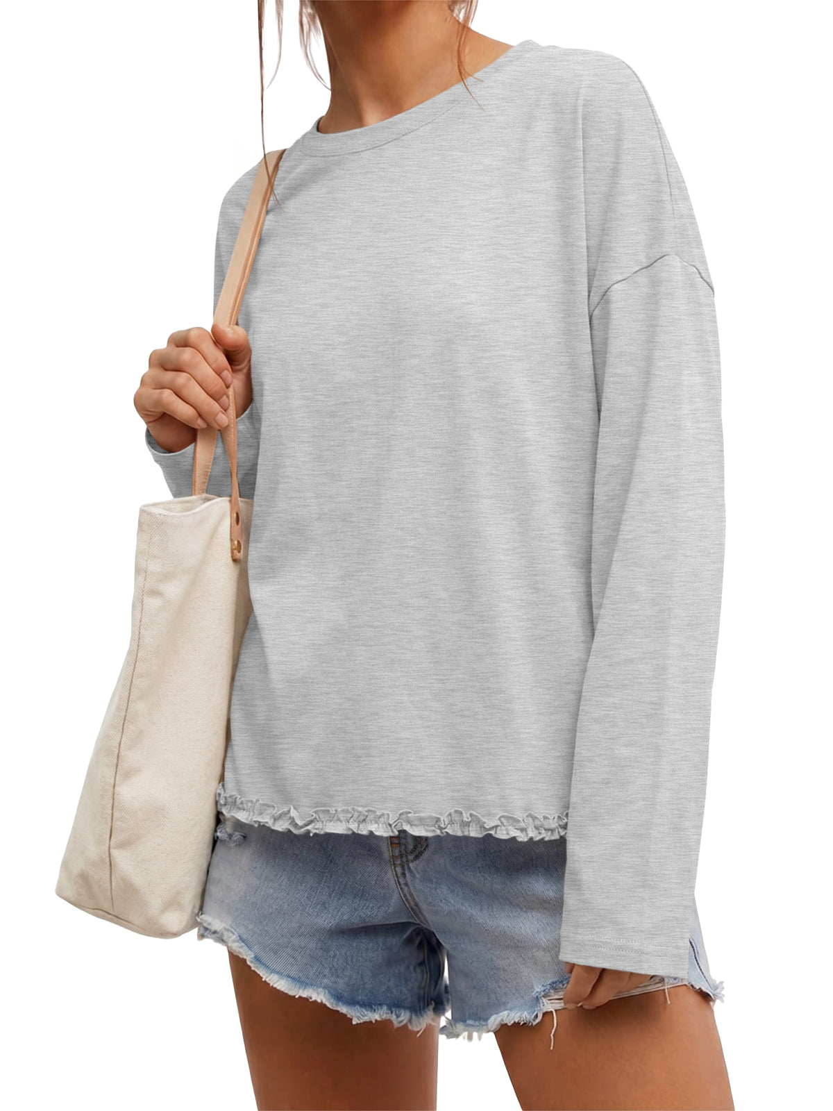 Womens Light Grey Oversized Ruffle Hem Tops | CicyBell